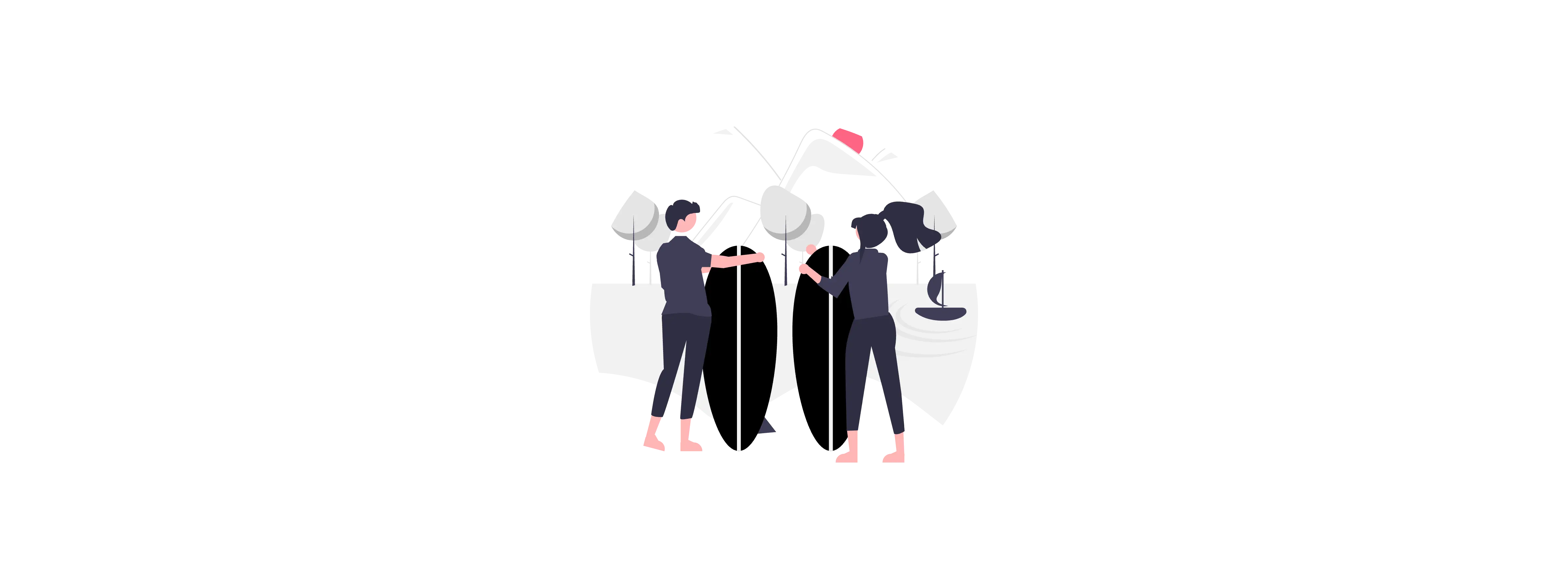 Illustration of two surfers on the beach